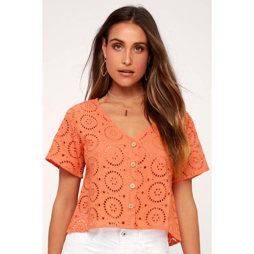 Lulus Eyelet You Love Me Coral Eyelet Button-up Crop Top Pink - Size Large